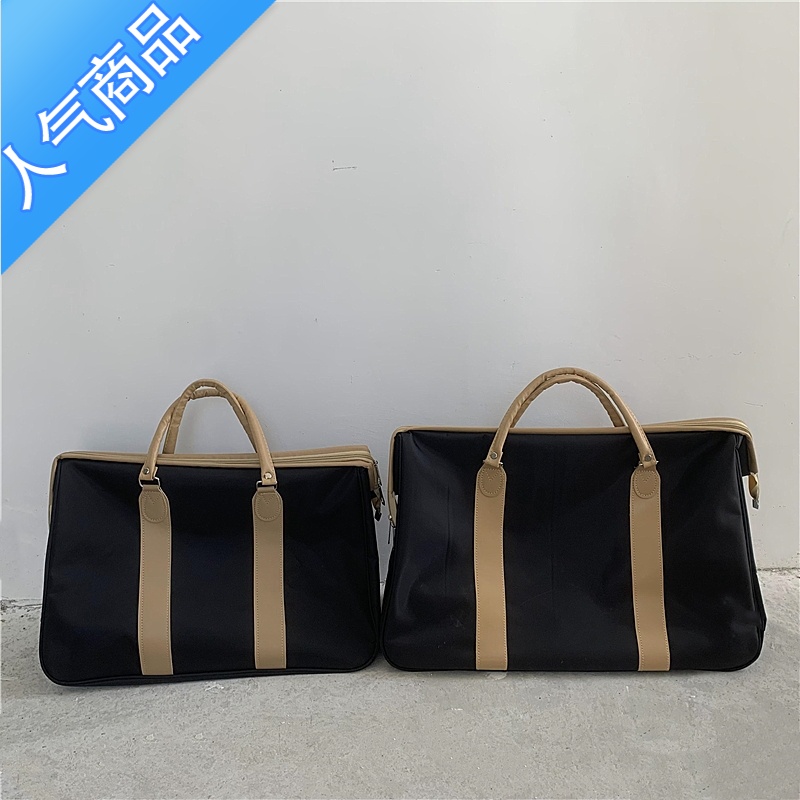 封后OK自制皮革尼龙拼接短途旅行袋电脑手提包收纳健身行李登机包男女 黑色