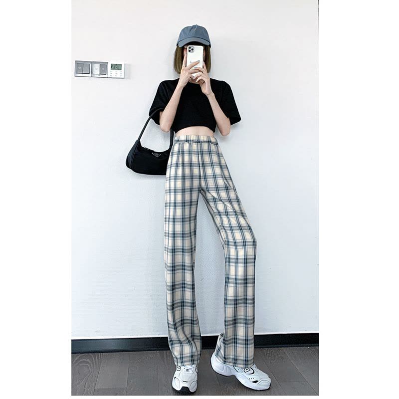 樵JIAO格子裤女薄款高腰休闲宽松阔腿长裤027-RT-Z039图片