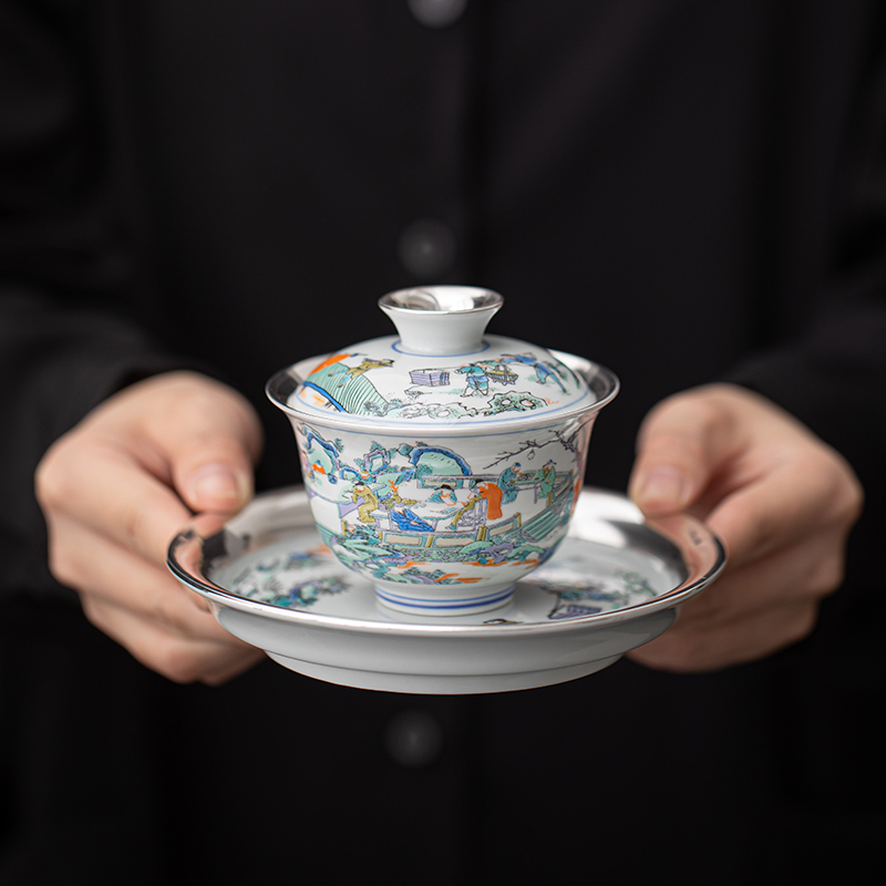 苏氏陶瓷(SUSHI CERAMICS)鎏银游园图壶承盖碗小套装郑文强作品功夫茶具套组
