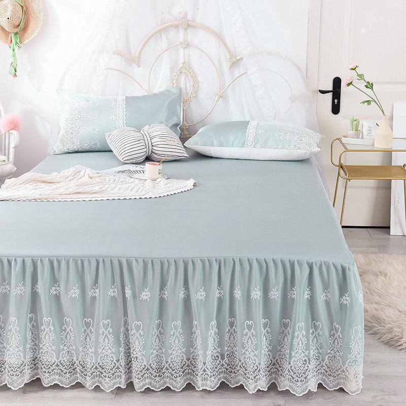 美帮汇床裙冰丝凉席三件套1.8m床蕾丝花边夏季1.5米床罩可水洗空调席子 白雪公主-绿灰 2.0m（6.6英尺）床