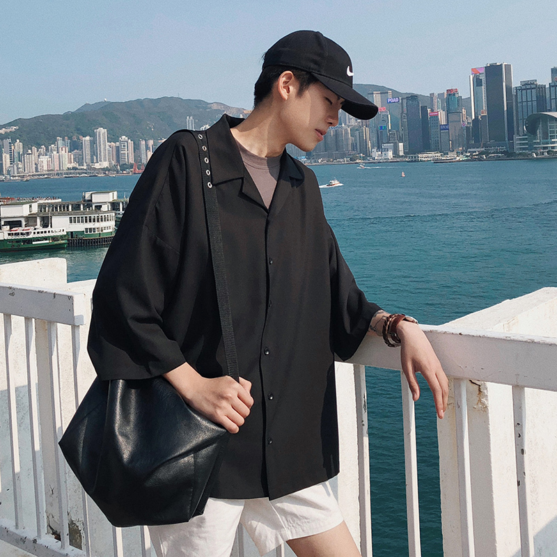 2018夏款新款港风男休闲衬衫长袖七分袖宽松简约百搭衬衫学生外套