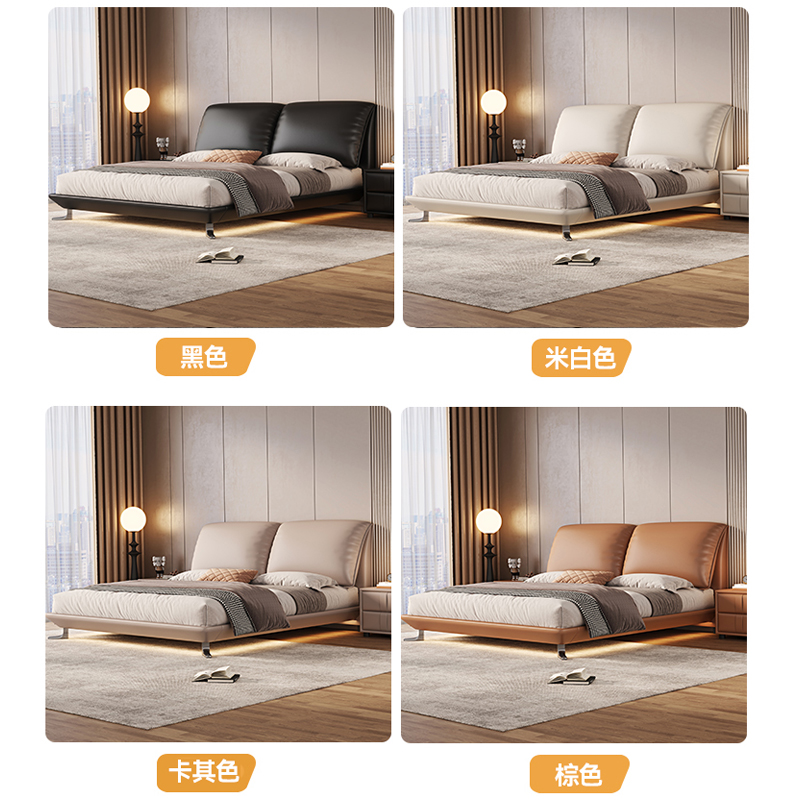 意式真皮床轻奢现代简约双人床主卧鸭子脚满铺悬浮床软包婚床高清大图