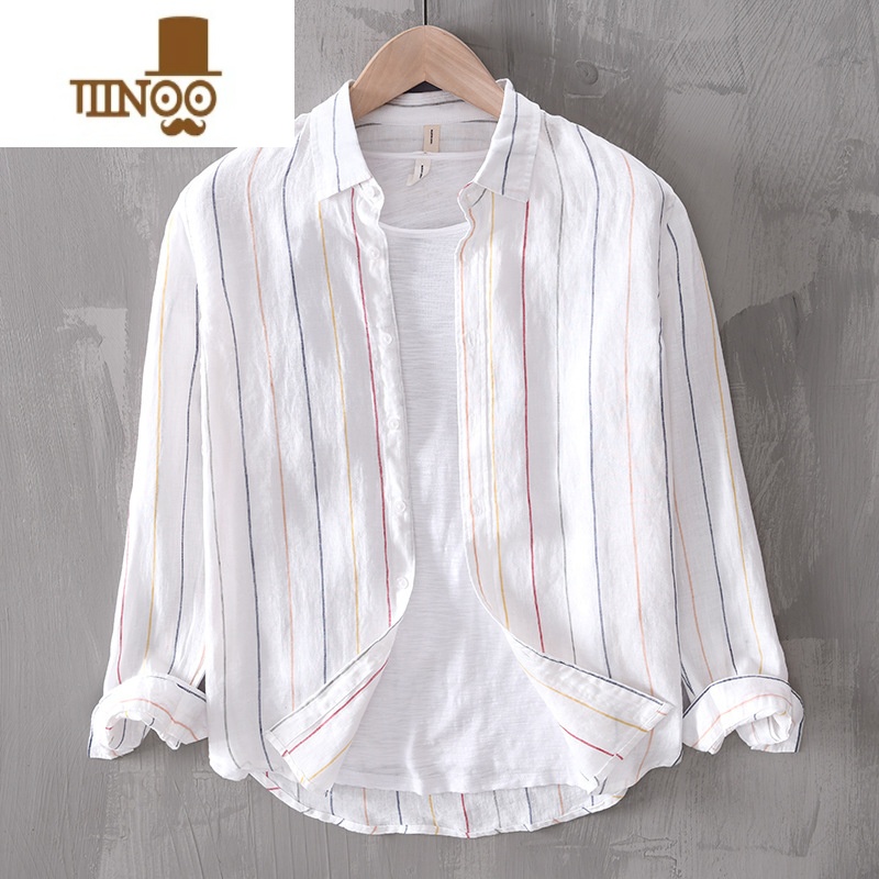 YANXU2022新款弹力款日系小清新拼色长袖衬衫男士纯季大码休闲条纹宽松高清大图