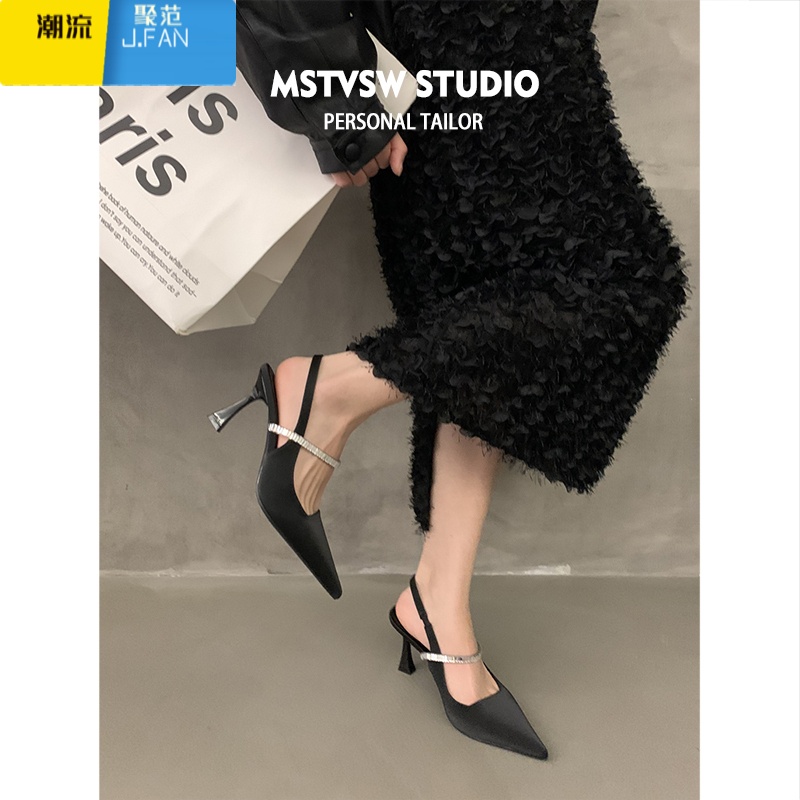 聚范黑色高跟鞋女细跟2024新款尖头包头凉鞋配裙子法式玛丽珍单鞋高清大图