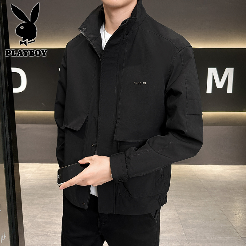 花花公子新款高品质简约字母压印立领夹克外套高清大图