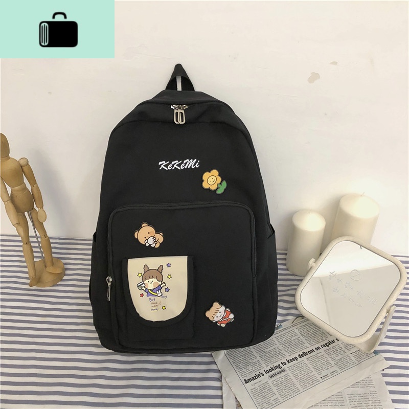 书包女韩版高中初中生中学生少女可爱森系小清新校园双肩包背包潮NEWLAKE 黑色（送徽章）