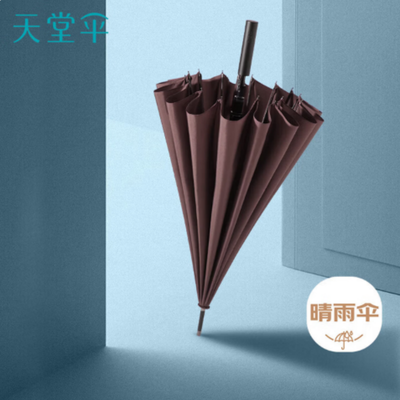 天堂双人雨伞直柄11013E风华大号半自动雨伞16K伞下112CM加固抗风拒水沙棕色高清大图