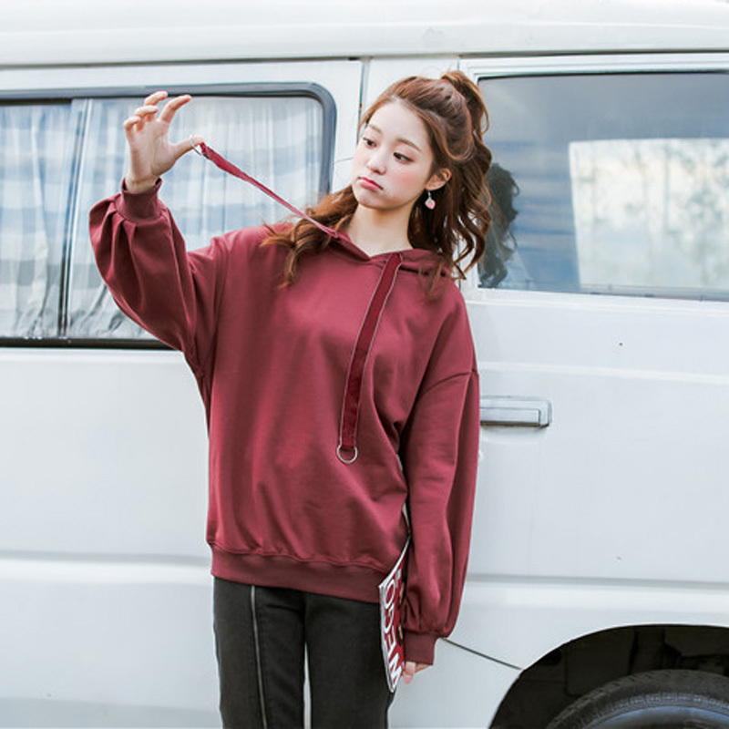 opzc女士卫衣/帽衫 慵懒风卫衣女薄款2018新款韩版连帽纯色长袖宽松套