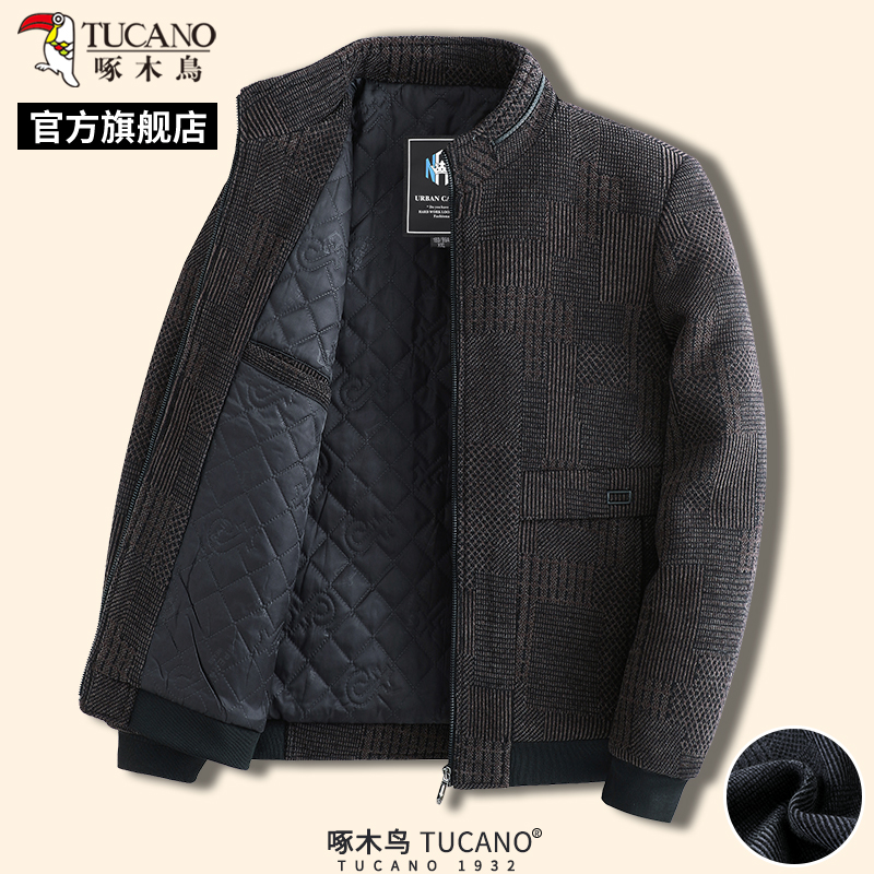 啄木鸟冬季男士保暖立领外套中年爸爸装商务呢子夹克衫棉服上衣外高清大图