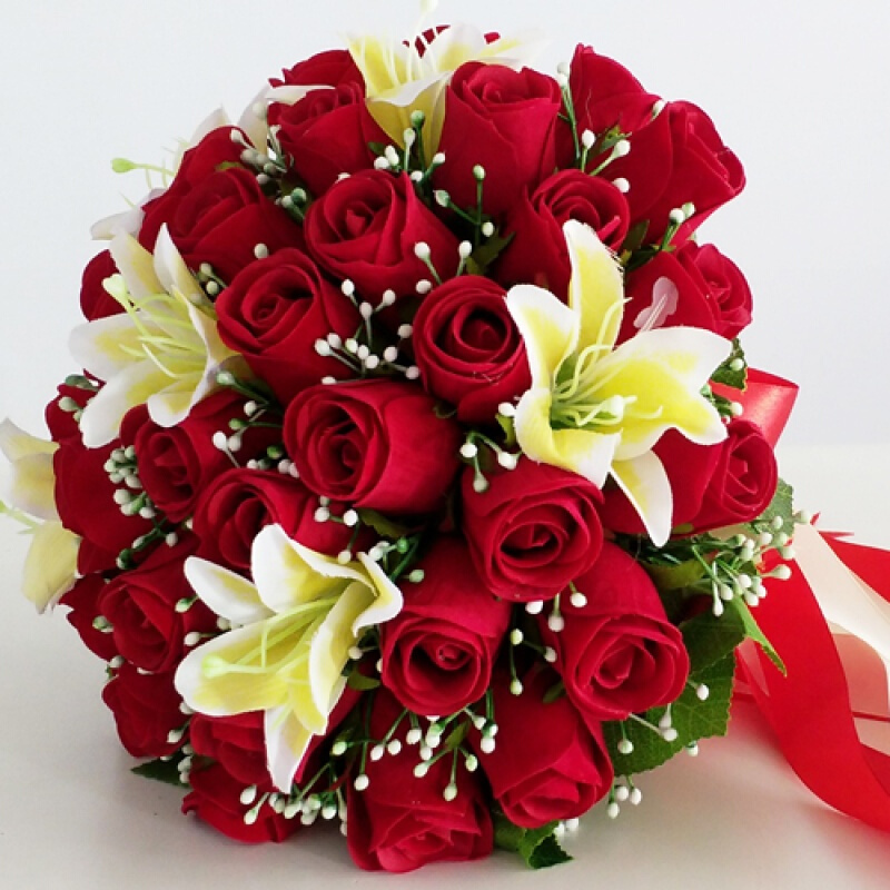 甄萌韩式新娘手捧花结婚缎带手捧花束永生花仿真红玫瑰花摄影婚礼七夕