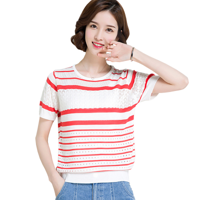 樵T恤2019夏新款短袖短袖衫女装韩版针织衫薄打底冰丝上衣镂空大码百搭T恤_1