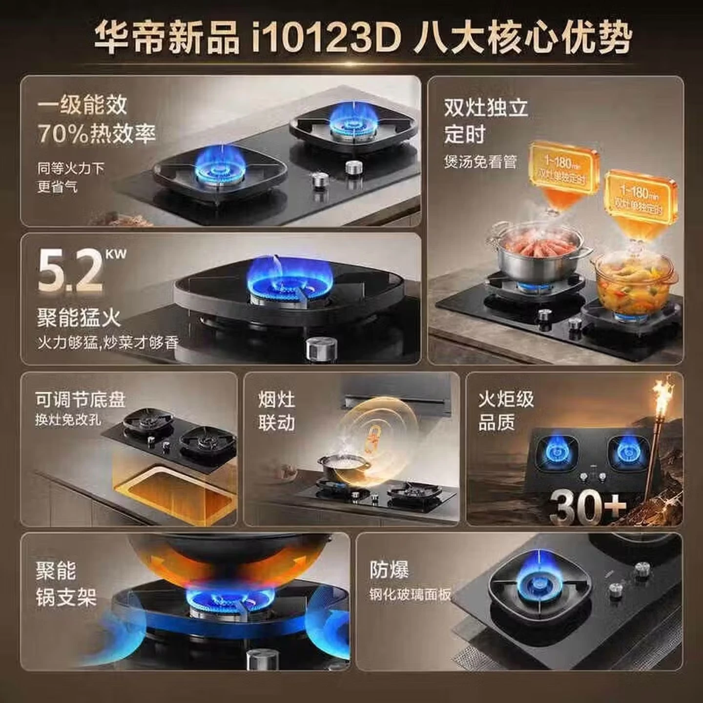 华帝[小飞碟x小飞翼]燃气灶天然气5.2kW三环烈焰匀火聚能盘70%热效率开孔可调节i10123D 天然气高清大图