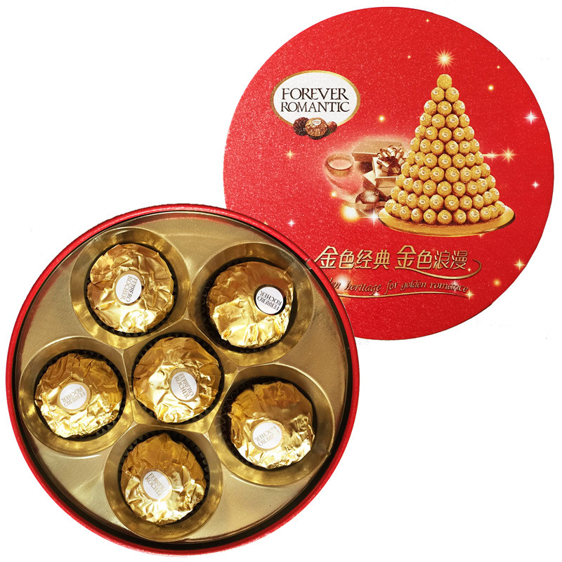 费列罗(Ferrero Rocher)喜糖费列罗榛果威化巧克力圆形铁盒装6粒装(配手提袋)高清大图