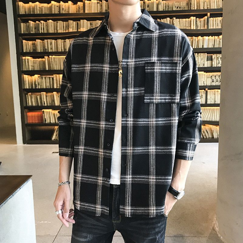 格子衬衫男长袖港风复古ins韩版宽松格子衬衣学院风百搭磨毛外套 4XL建议体重200-220斤 黑色-510