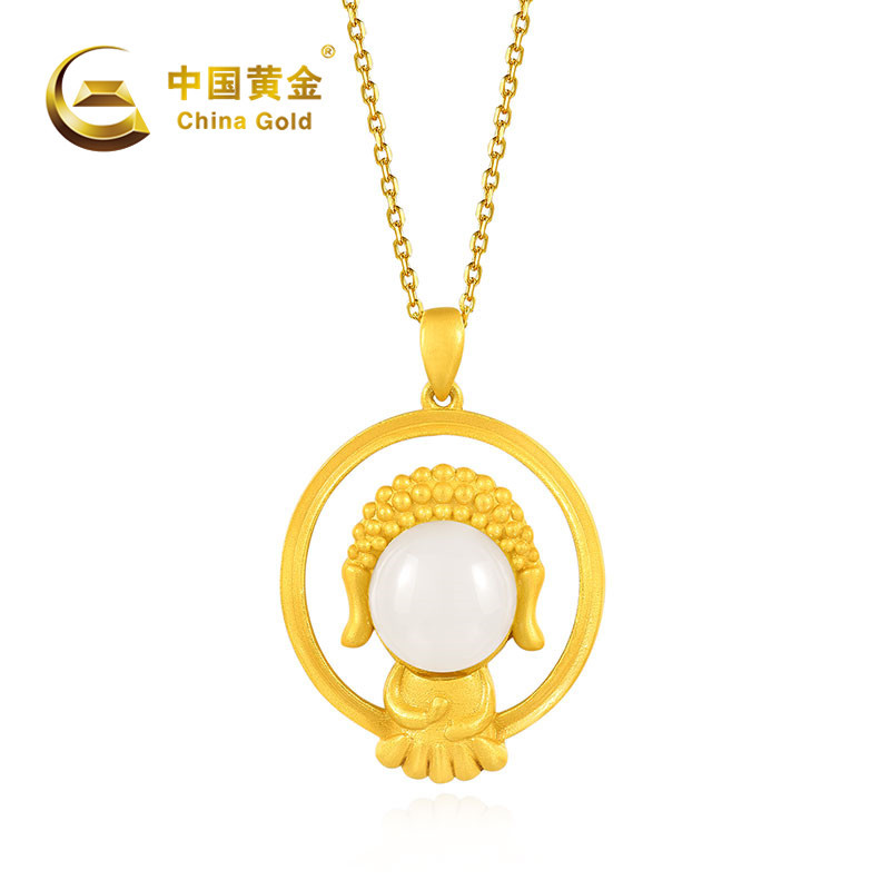 中国黄金无面小佛圆形银镶玉吊坠
