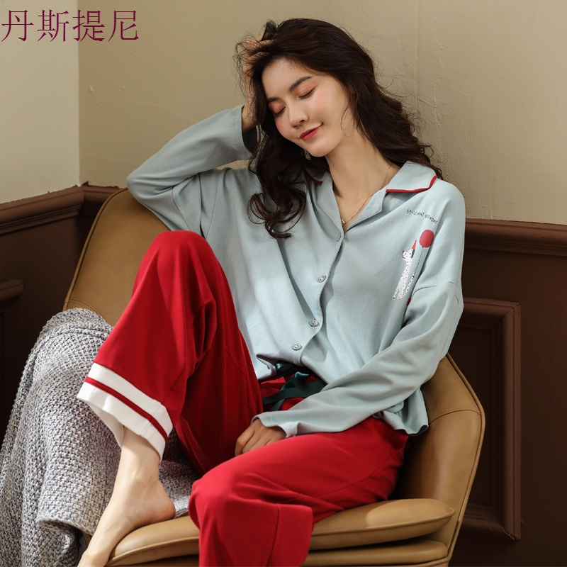 纯棉睡衣女长袖秋开衫全棉女士宽松卡通家居服衬衫可外穿两件套装
