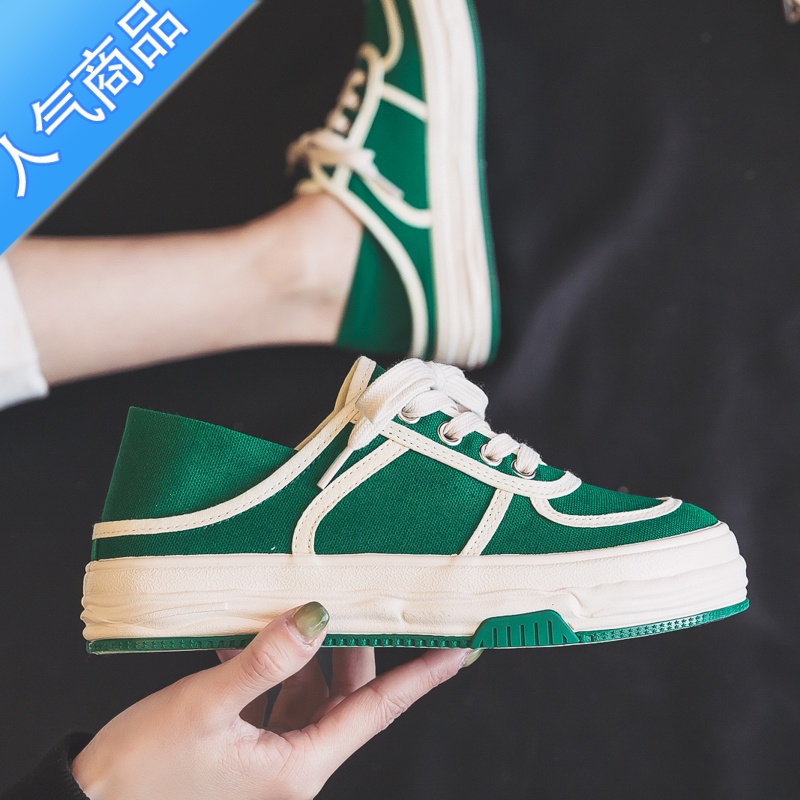 SUNTEKddoo夏季半拖帆布鞋女款2023新款夏款懒人一脚蹬踩跟布鞋黑色板鞋高清大图