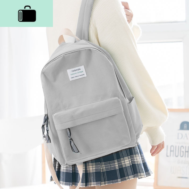 帆布双肩包女韩国新款学院风潮简约百搭学生书包森系撞色背包NEW LAKE JS293-灰色
