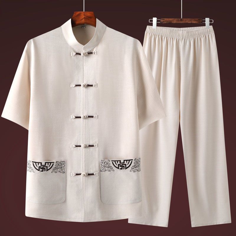 夏季短袖唐装男休闲套装中国风男士爸爸装爷爷汉服中老年衣服上衣mri