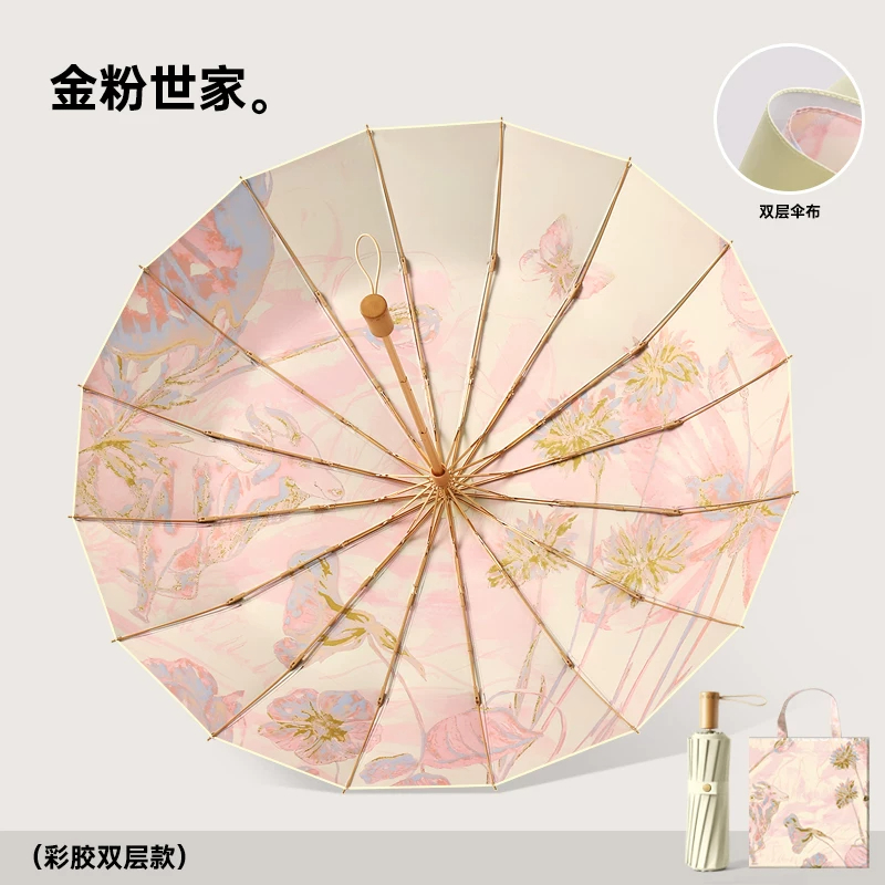 美度(MAYDU)三折16骨彩胶防晒防紫外线女晴雨两用太阳伞双层遮阳伞折叠M3166粉白黛绿高清大图