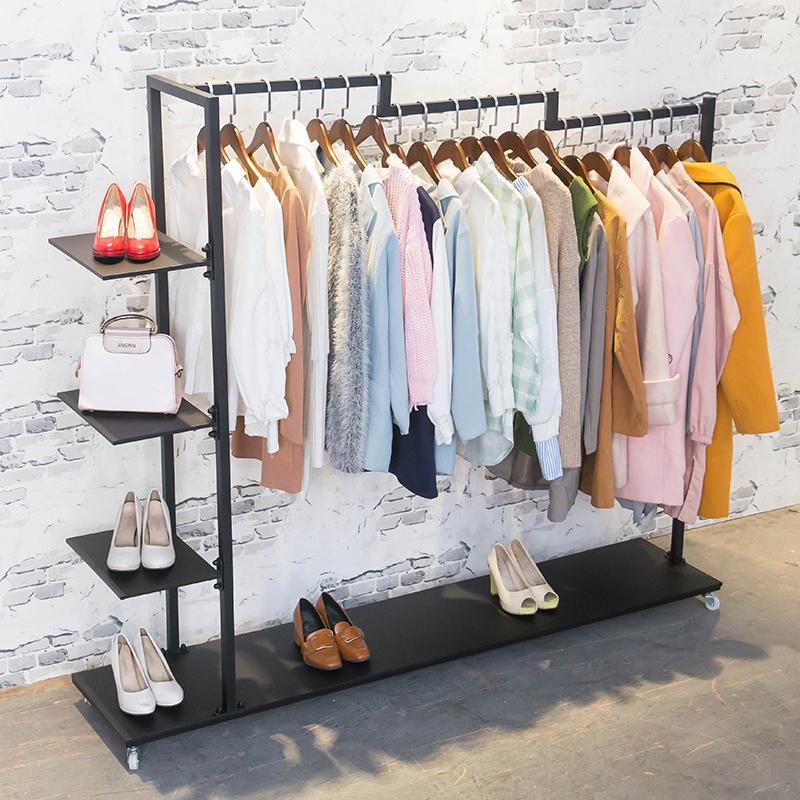 三维工匠服装店衣架展示架鞋包挂衣服架子移动落地男女装店货架侧挂服装架晾晒架 黑色长140*宽36*高150送轮子+扳手