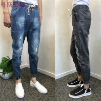 夏季青少年大破洞九分裤男韩版牛仔裤男士修身弹力小脚裤潮乞丐裤