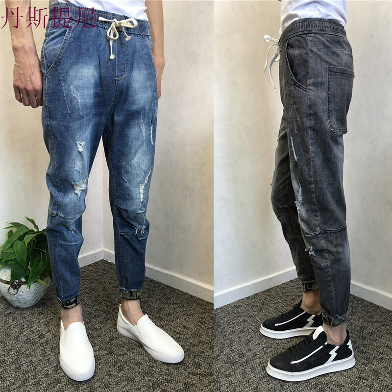 夏季青少年大破洞九分裤男韩版牛仔裤男士修身弹力小脚裤潮乞丐裤
