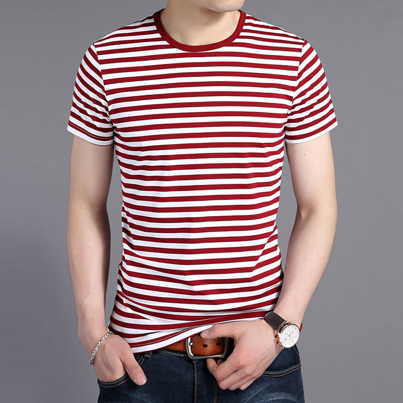 罗宾汉潮牌海魂衫夏季t恤短袖男士中青年蓝白条纹半袖冰丝体恤衫