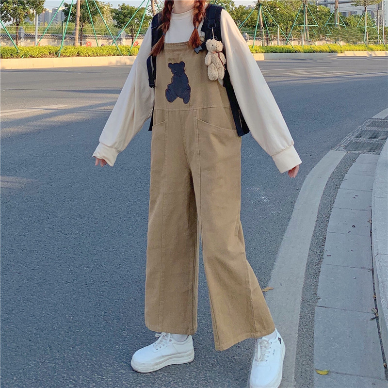 软妹宽松可爱小熊刺绣背带裤子女春秋新款学生韩版百搭连体裤休闲裤