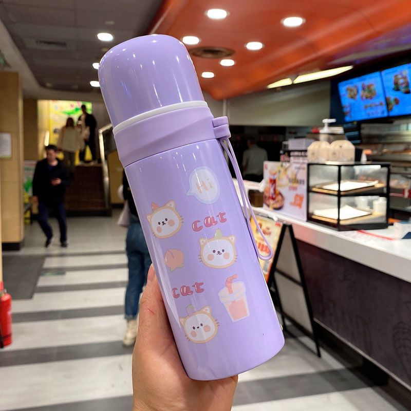 保温杯女便携简约清新森系学生可爱少女杯子带盖儿童创意个性水杯 粉色背包兔子--350ml