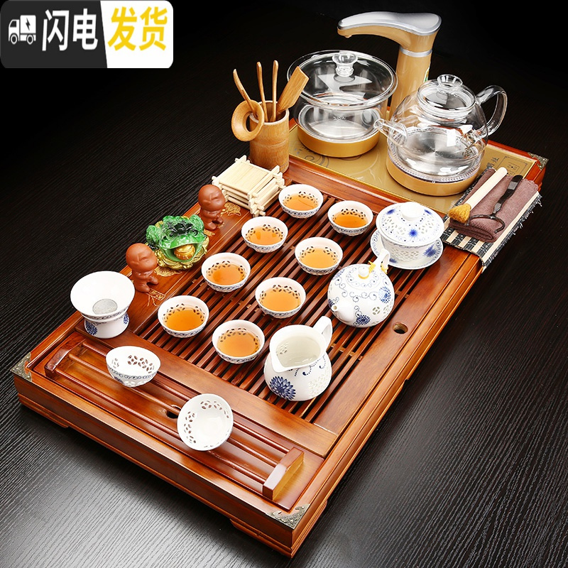 三维工匠年连有余茶盘茶具套装家用养生壶电磁炉紫砂功夫茶具实木茶盘茶台 木色年连有余哥窑(玻璃)JC 28件