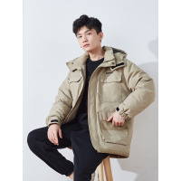 [2.5折价286元]唐狮冬季新款羽绒服男口袋拼接脱卸短款连帽羽绒服秋冬