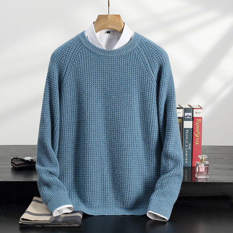 五针三股加厚山羊绒衫男士插肩袖疙瘩针提花针织羊毛毛衣打底衫男