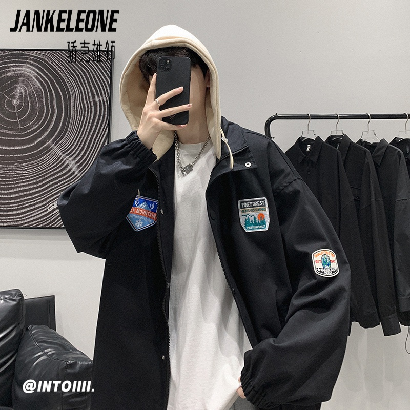 骄克雄狮外套男2022春季新款港风潮流ins连帽夹克男士学生假俩件休闲