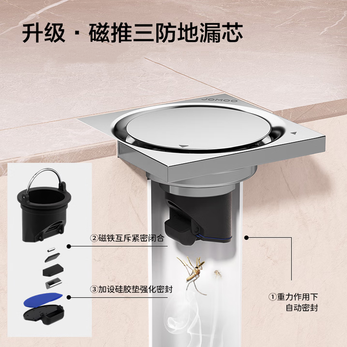 九牧(JOMOO)地漏40管径迷你地漏铜合金大流量小户型80*80mm小管径地漏92541/92542/92545高清大图