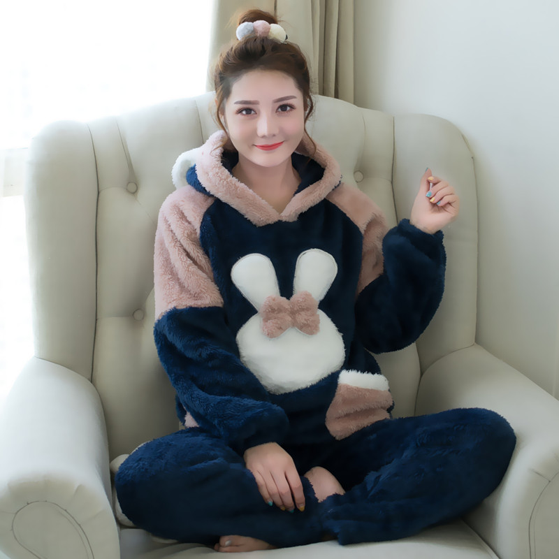 可莉允珊瑚绒情侣睡衣女秋冬季保暖连帽加厚加绒毛茸茸可爱家居服套装睡衣