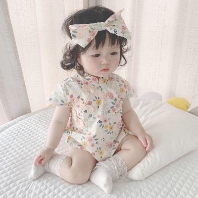 婴儿旗袍包屁衣夏季新生儿满月百日宴唐装公主中国汉服哈衣女宝宝 短袖[衣服+发带] 73CM