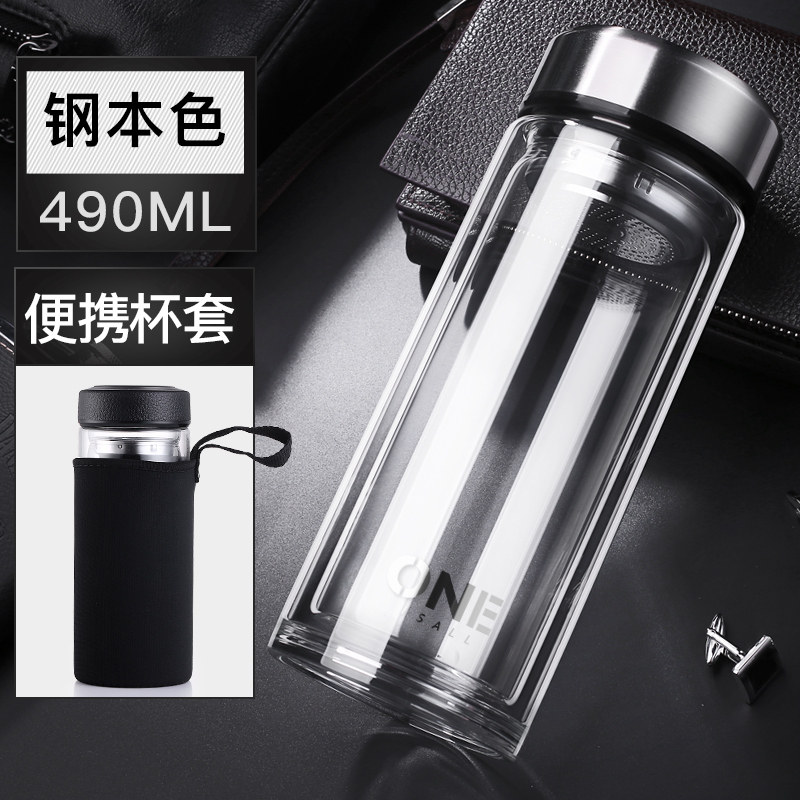 双层玻璃杯男便携大容量1000ml过滤泡茶杯随手杯水杯家用大号杯子 新款透明色1000ML+杯刷杯套高清大图
