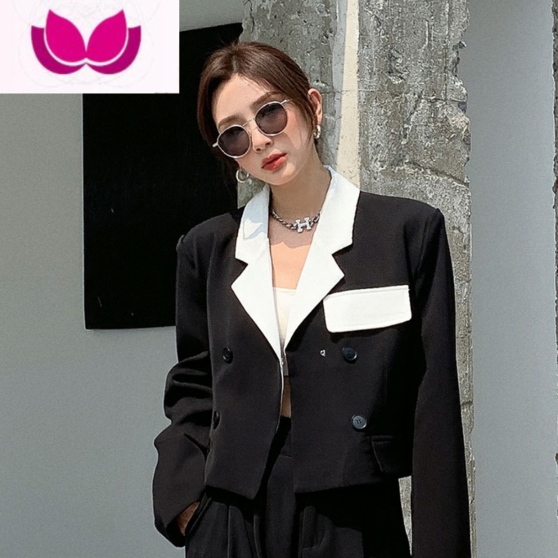 七斓炸街短款小西装套装女秋2023新款黑白撞色西服上衣长裤休闲套高清大图