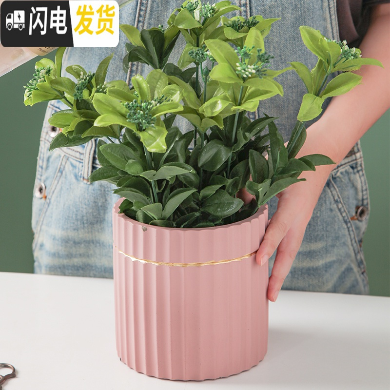 三维工匠马卡龙金边水泥花盆ins北欧风格多肉玫瑰花绿萝绿植圆柱体条纹盆 条纹粉色14cm 中等花盆容器