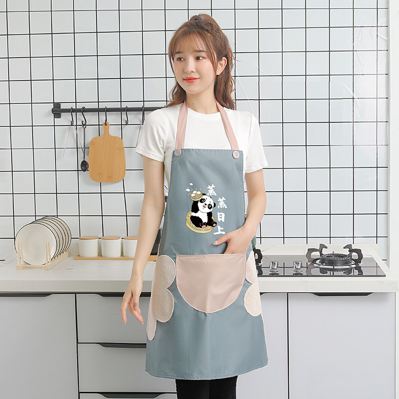 围裙防水厨房做饭炒菜家用围裙女防油污新款2022可爱卡通罩衣 蒸蒸日上围裙-蓝色（可擦手）