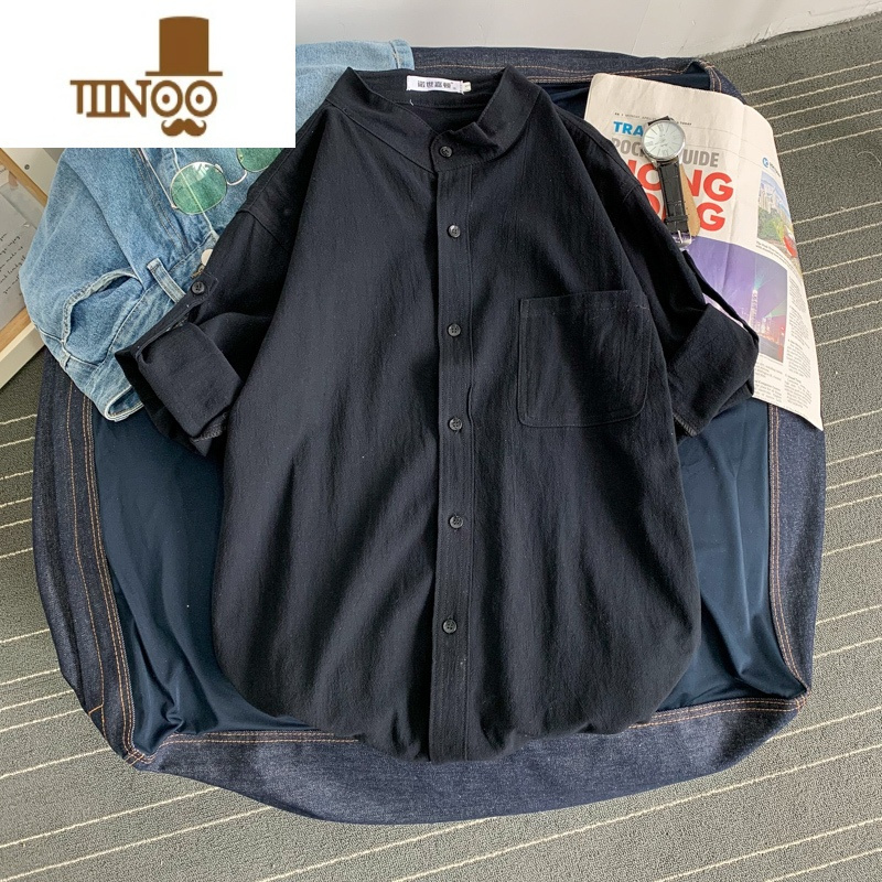 YANXU亚麻衬衫男短袖衬衣宽松男装中国风夏季棉麻男士纯色简约cec上衣