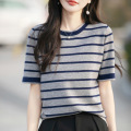 夏新款女装上衣全纯色棉针织衫短袖女T恤女圆领背心条纹 M 灰色