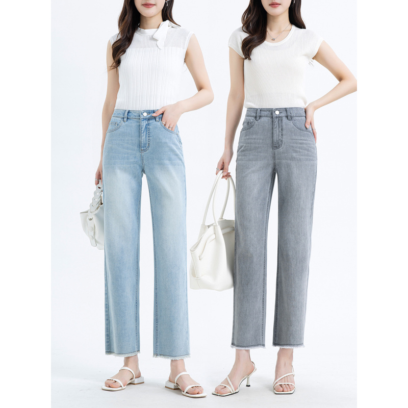 年夏季小个子中高腰法棍牛仔裤女显瘦毛边九分直筒裤