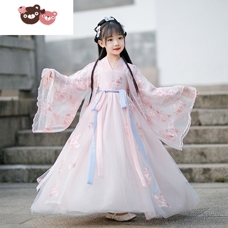 绿彩虹光汉服女童春夏装儿童古装超仙连衣裙中大童古风仙女中国风夏季