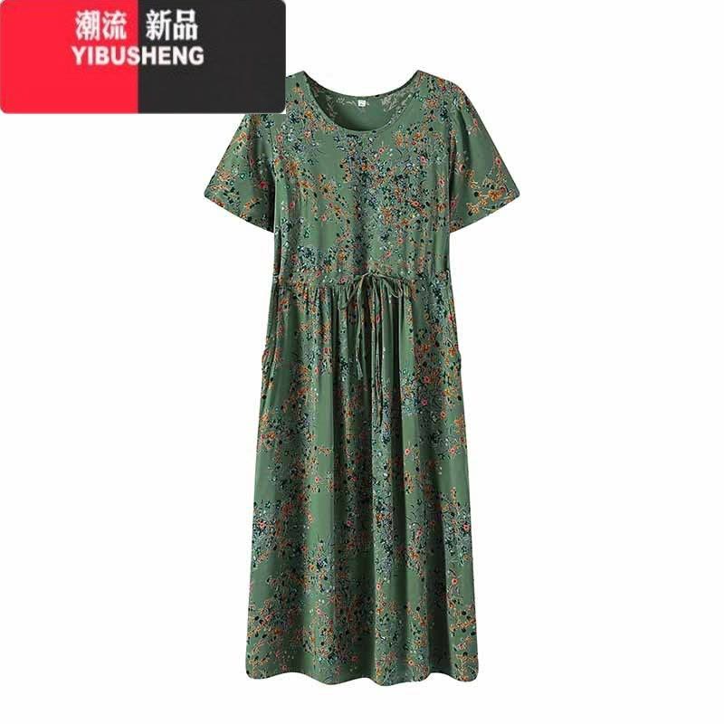 YIBUSHENG微胖妈妈装棉绸连衣裙宽松大码中老年女装人造棉短袖裙子有口袋图片