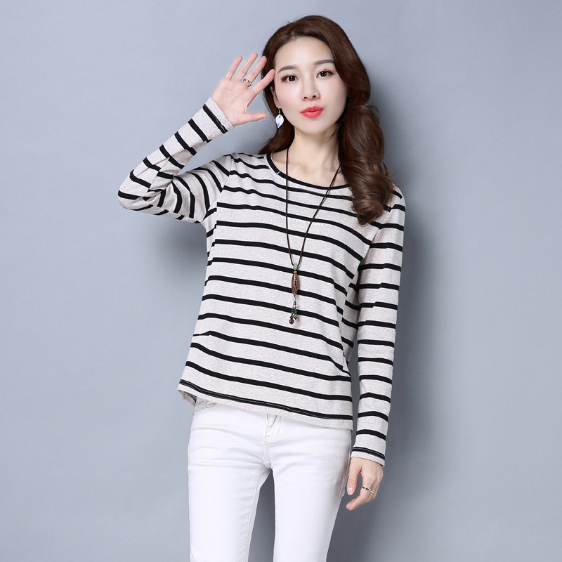 长袖t恤女大码宽松2019新款初秋季女上衣轻熟妈妈打底衫条纹衣服视频