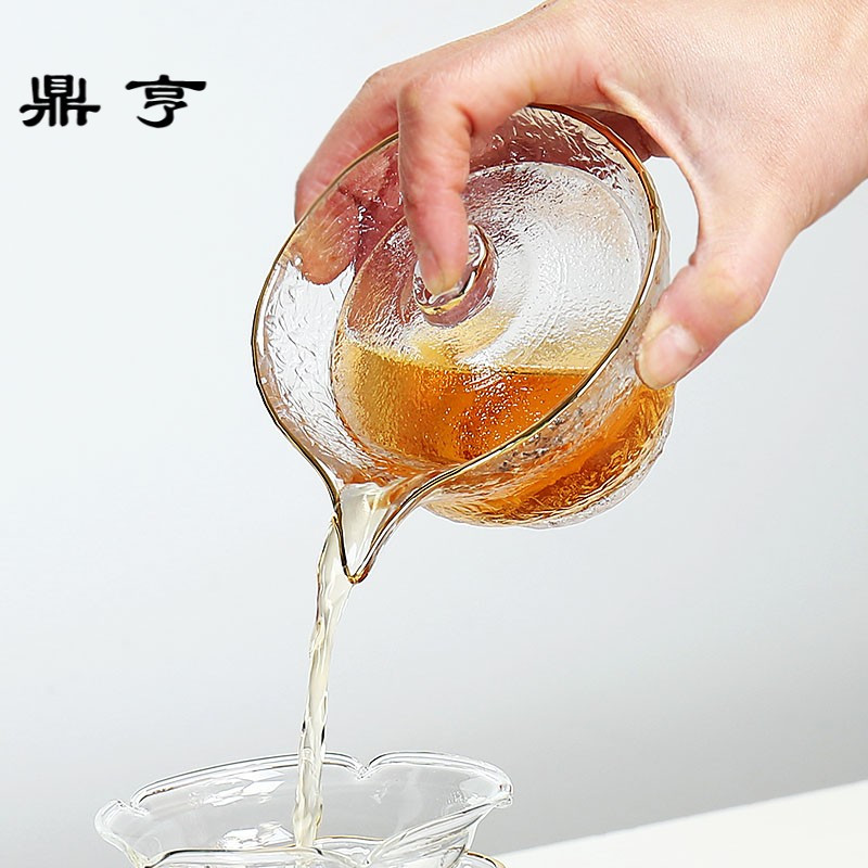 鼎亨 描金玻璃加厚三才盖碗茶具锤纹耐高温耐热 水晶透明泡茶碗