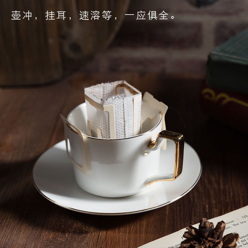 欧式小奢华咖啡杯套装高档骨瓷浮雕马克陶瓷杯家用下午茶杯子碟勺D6|直身款式 4杯+4碟+4勺+金色架子