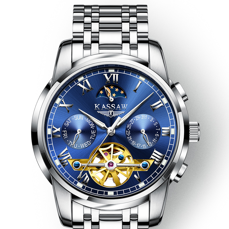 卡梭(kassaw)手表男镂空自动机械表时尚三眼罗马刻度男表防水休闲商务